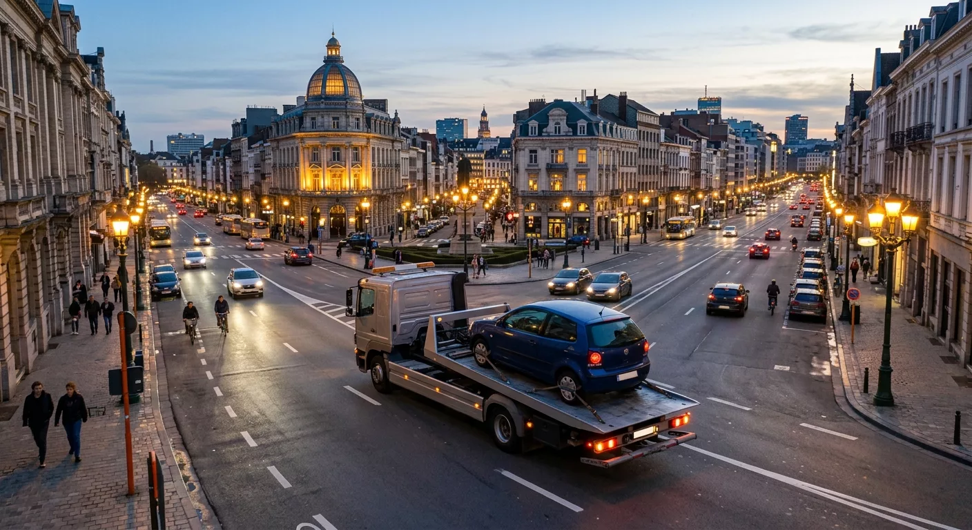 Camion de dépannage transportant une voiture bleue dans les rues illuminées de Bruxelles