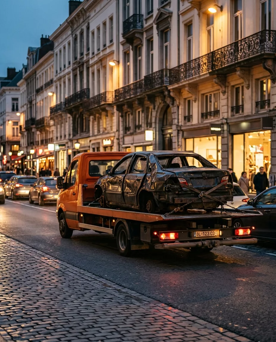 camion-depanneuse-orange-transportant-une-3570 Camion dépanneuse orange transportant une épave de voiture accidentée dans les rues de Bruxelles