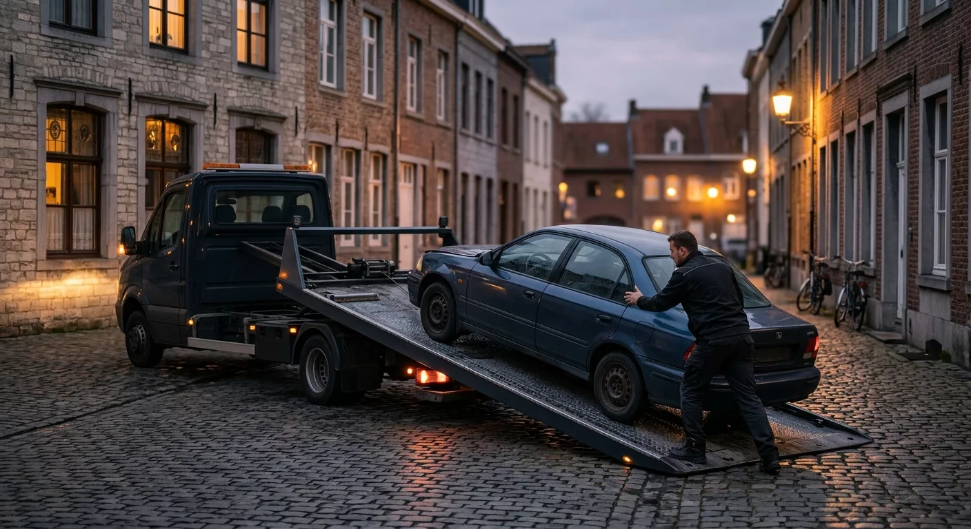 depannage-voiture-a-dilbeek-technicien-4hnf Dépannage voiture à Dilbeek – technicien chargeant un véhicule sur dépanneuse de nuit