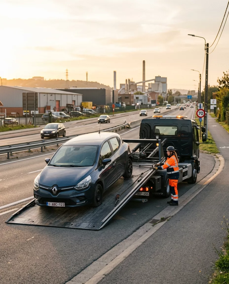 depannage-voiture-a-drogenbos-technicienne-k8jt Dépannage voiture à Drogenbos – technicienne chargeant une Renault sur dépanneuse Volvo