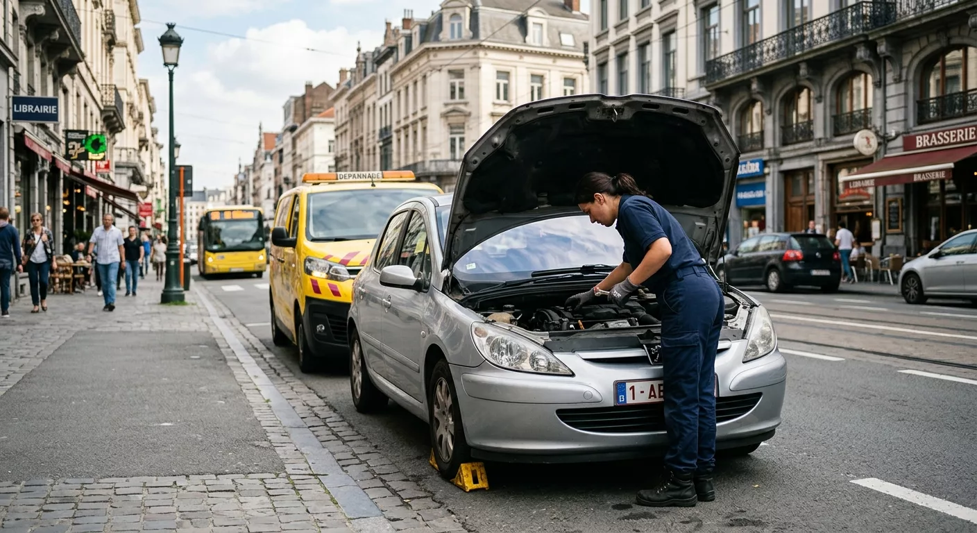 depannage-voiture-a-etterbeek-technicienne-7lpv Dépannage Voiture à Etterbeek – technicienne répare moteur Peugeot 307 en rue