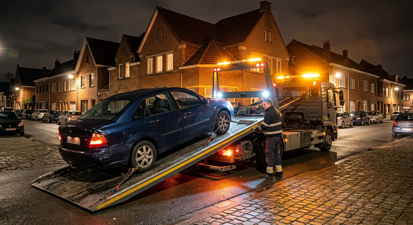 Dépannage voiture à Evere - camion plateau charge une berline bleue de nuit