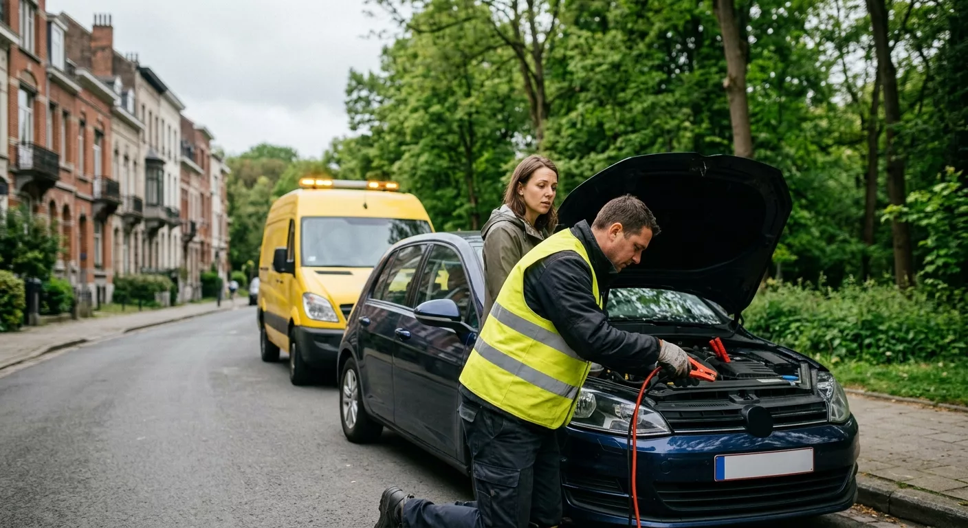 Dépannage Voiture à Forest – technicien en gilet jaune branche des câbles de démarrage sur une voiture bleue
