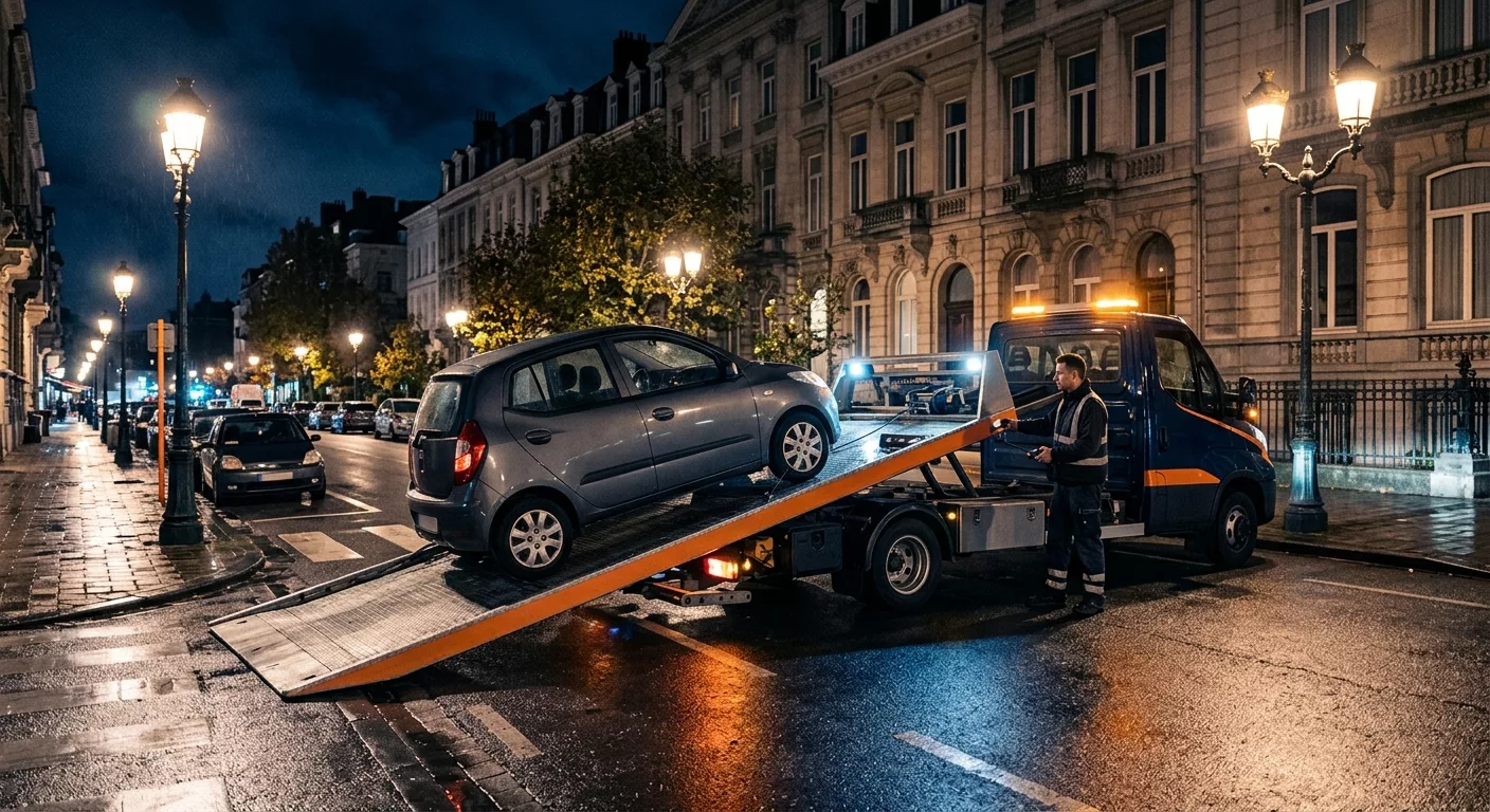 Dépannage voiture à Ganshoren la nuit, camion plateau remorquant une citadine grise en ville