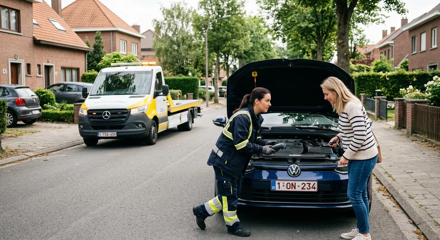 Dépannage Voiture à Ganshoren par technicienne avec camion dépanneuse Mercedes jaune