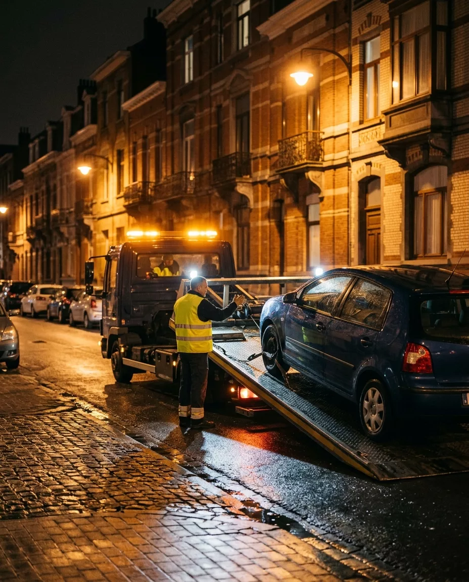 depannage-voiture-a-haren-technicien-jcn1 Dépannage voiture à Haren - technicien chargeant un véhicule sur dépanneuse la nuit