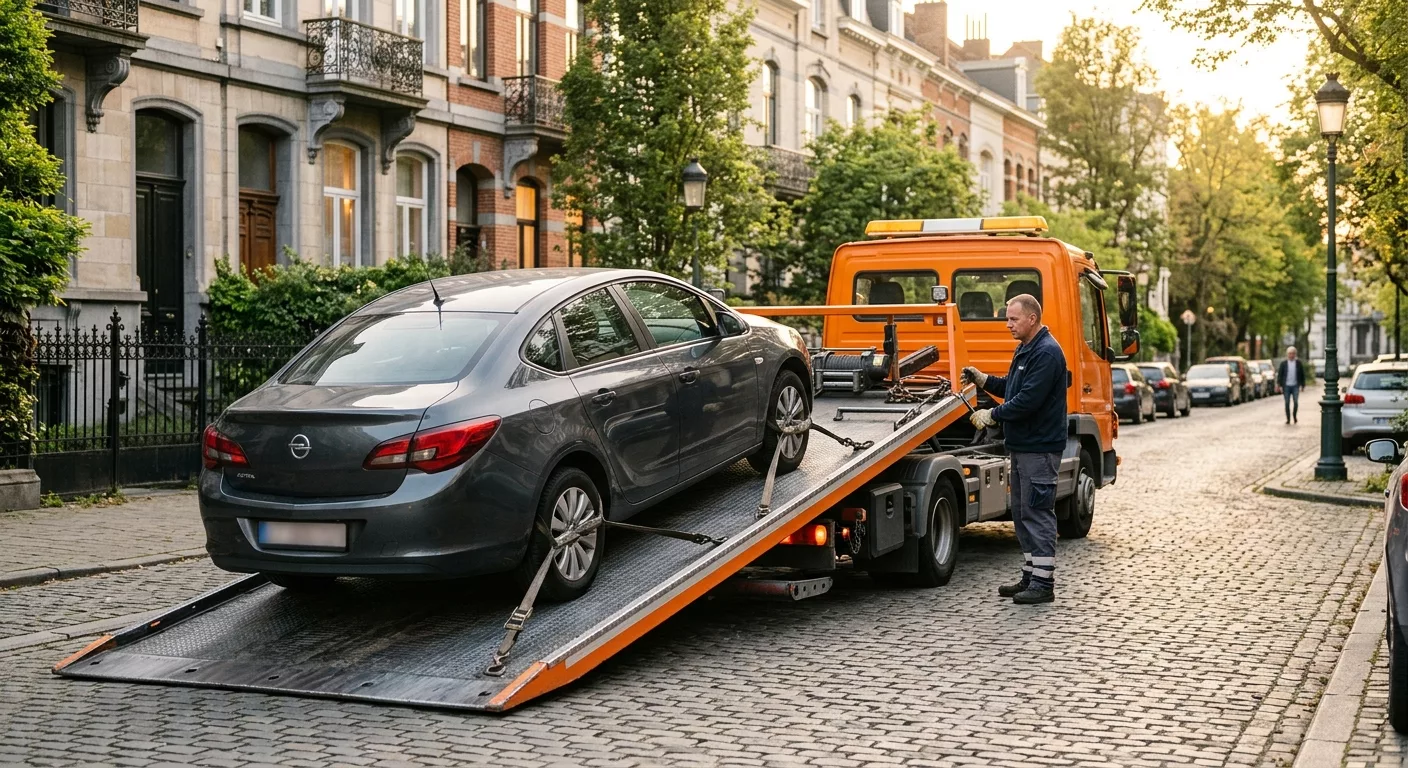 Dépannage voiture à Ixelles : technicien chargeant une Opel grise sur dépanneuse orange