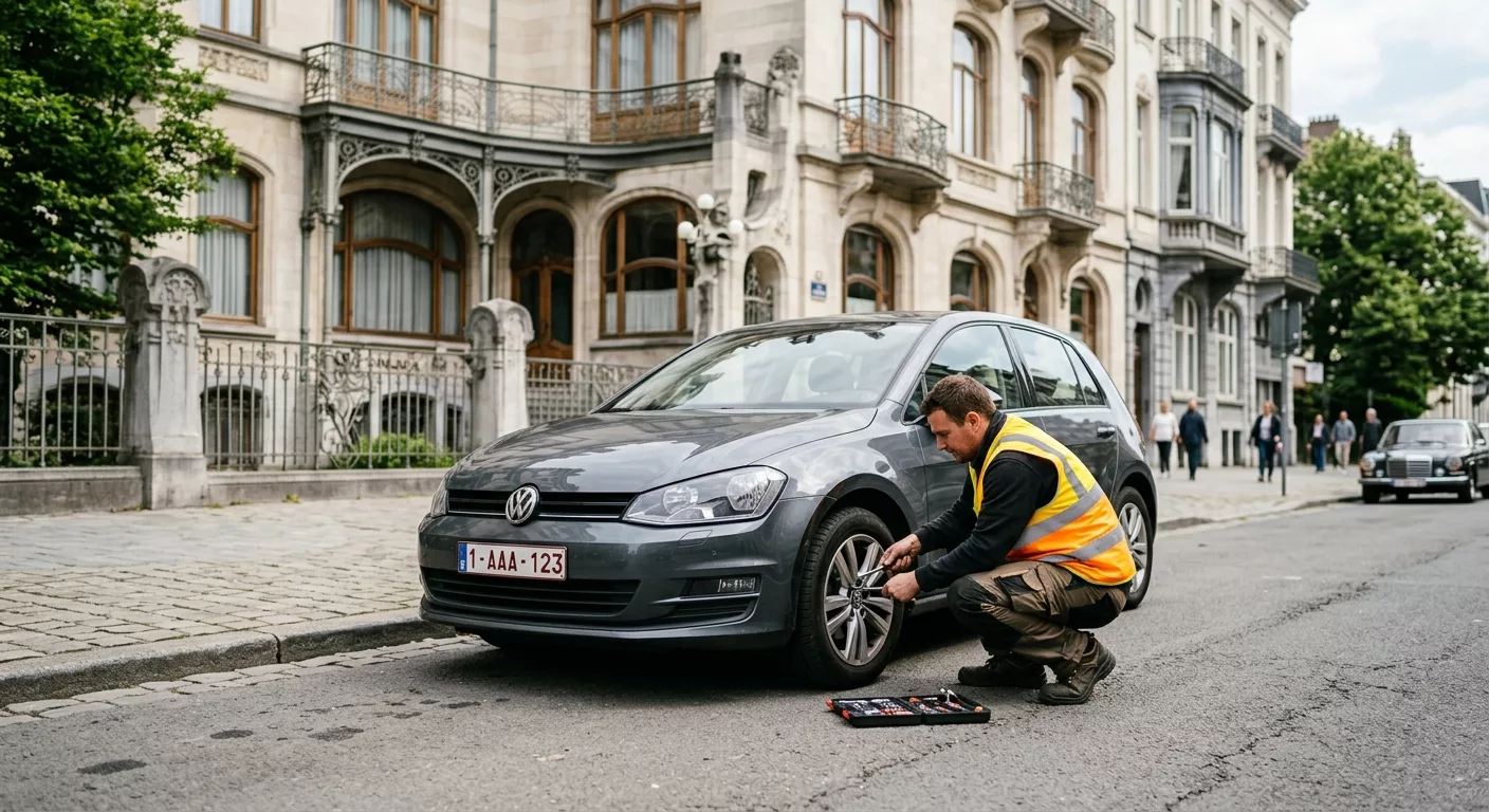 Dépannage Voiture à Ixelles – technicien en gilet jaune réparant un pneu de VW Golf