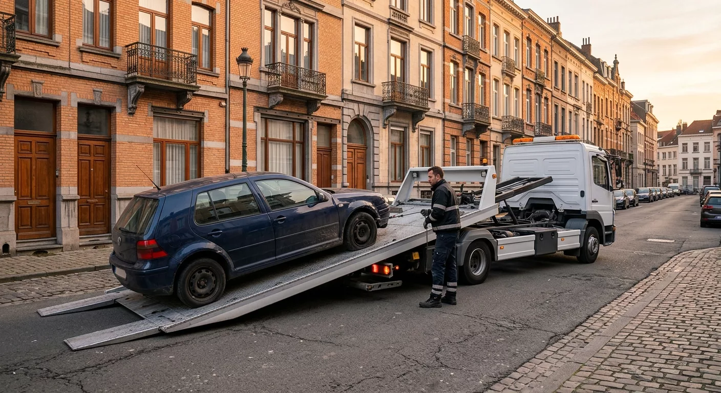 Dépannage voiture à Koekelberg - camion plateau chargeant une VW Golf bleue