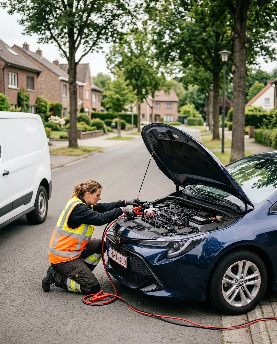 Dépannage Voiture à Kraainem – technicienne connectant des câbles de démarrage sur Toyota bleue