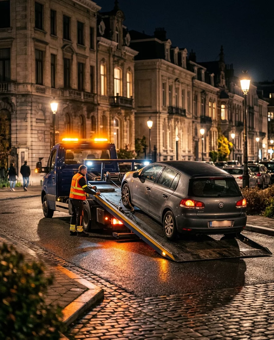 depannage-voiture-a-laeken-de-nuit-f75w Dépannage voiture à Laeken de nuit, technicien chargeant une Volkswagen Golf sur dépanneuse