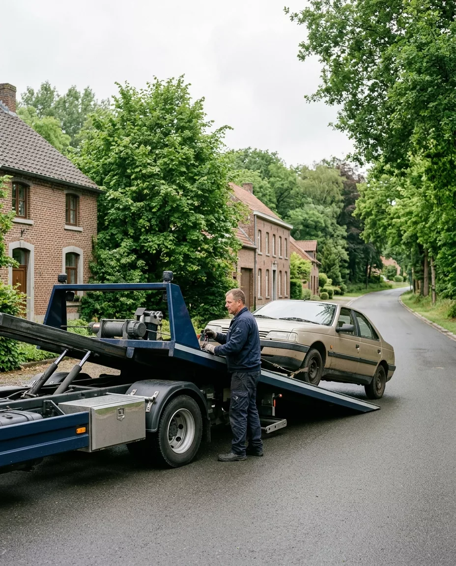 depannage-voiture-a-linkebeek-technicien-wh25 Dépannage voiture à Linkebeek - Technicien chargeant une berline sur dépanneuse bleue