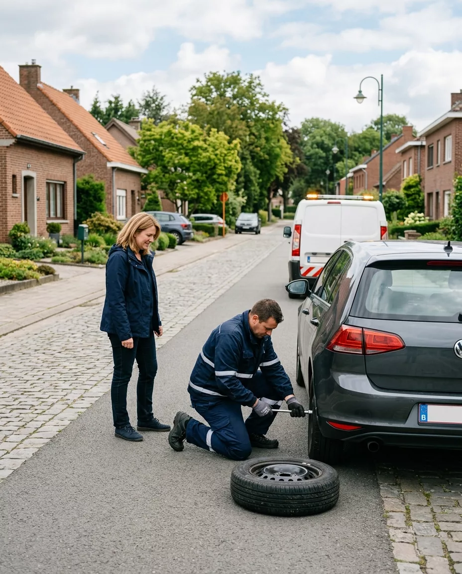 depannage-voiture-a-linkebeek-technicien-xv0j Dépannage Voiture à Linkebeek – technicien changeant un pneu crevé dans une rue résidentielle