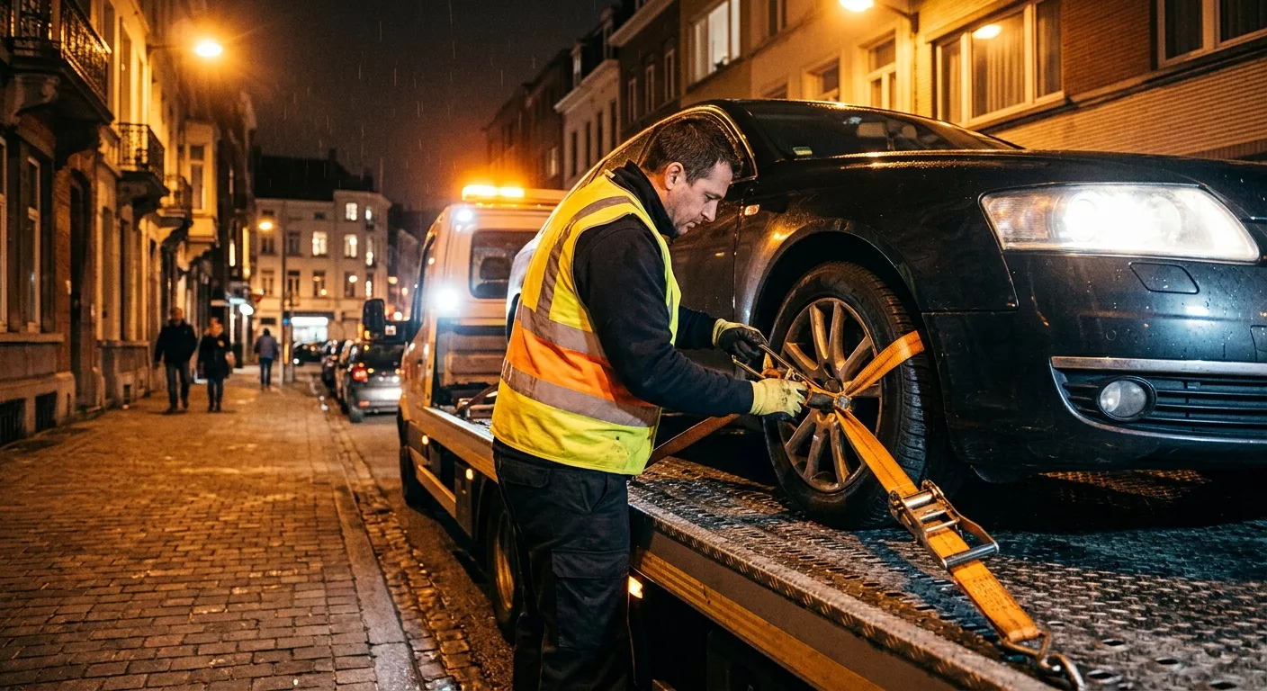 Dépannage voiture à Molenbeek-Saint-Jean de nuit, technicien sécurisant un véhicule sur plateau