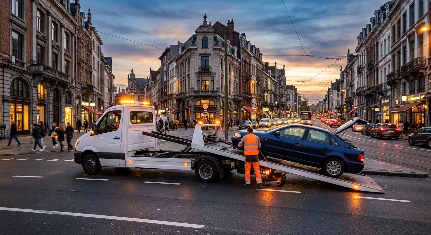 Dépannage voiture à Saint-Gilles - Camion plateau remorquant une berline bleue au crépuscule