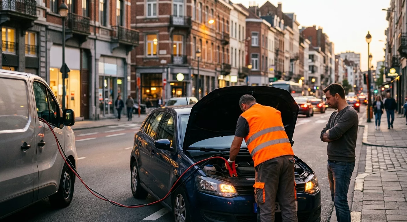 Dépannage Voiture à Saint-Gilles : technicien en gilet orange branchant des câbles de démarrage