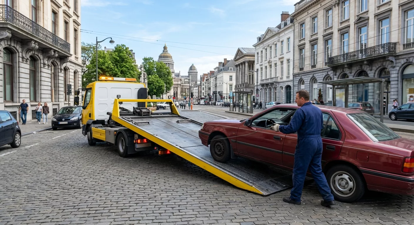 Dépannage voiture à Saint-Josse : technicien chargeant une berline rouge sur dépanneuse jaune