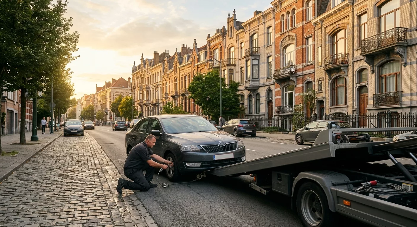 Dépannage voiture à Schaerbeek - technicien fixant câble de remorquage sur Škoda