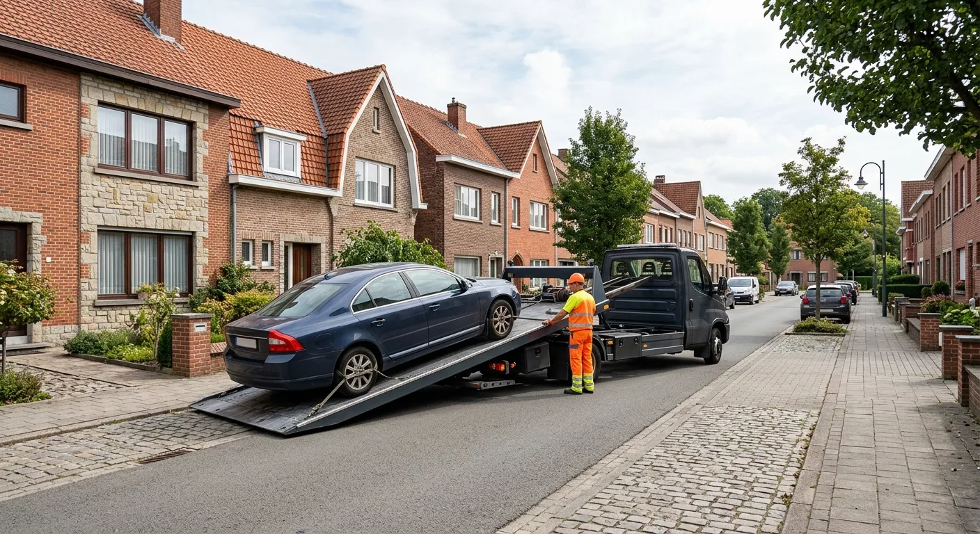 Dépannage voiture à Wemmel – camion plateau chargeant une berline bleue en zone résidentielle