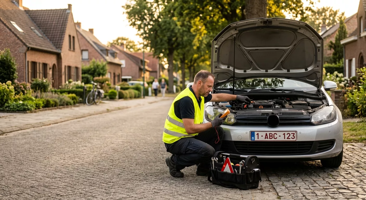 Dépannage Voiture à Wemmel – technicien en gilet jaune réparant moteur