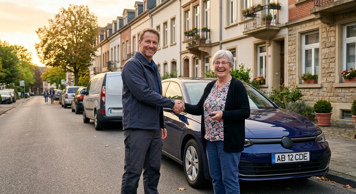 Dépannage voiture à Woluwe-Saint-Pierre : remise de clés entre technicien et cliente satisfaite