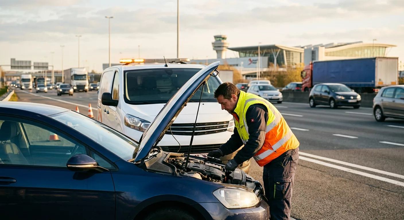Dépannage Voiture à Zaventem par technicien en gilet jaune sur autoroute