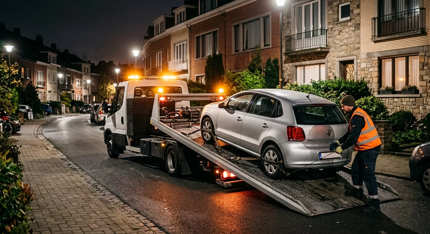 Dépannage voiture Auderghem la nuit - VW Polo chargée sur plateau de remorquage