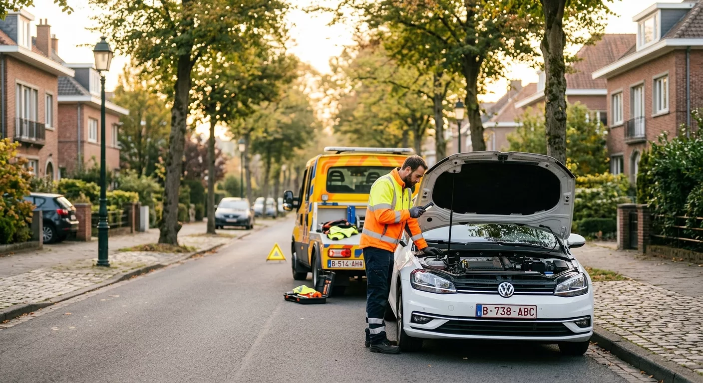 Dépannage Voiture Auderghem - technicien en gilet orange inspectant moteur VW Golf blanche