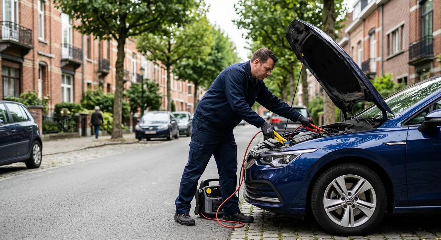Dépannage Voiture Berchem-Sainte-Agathe : technicien recharge batterie avec câbles booster