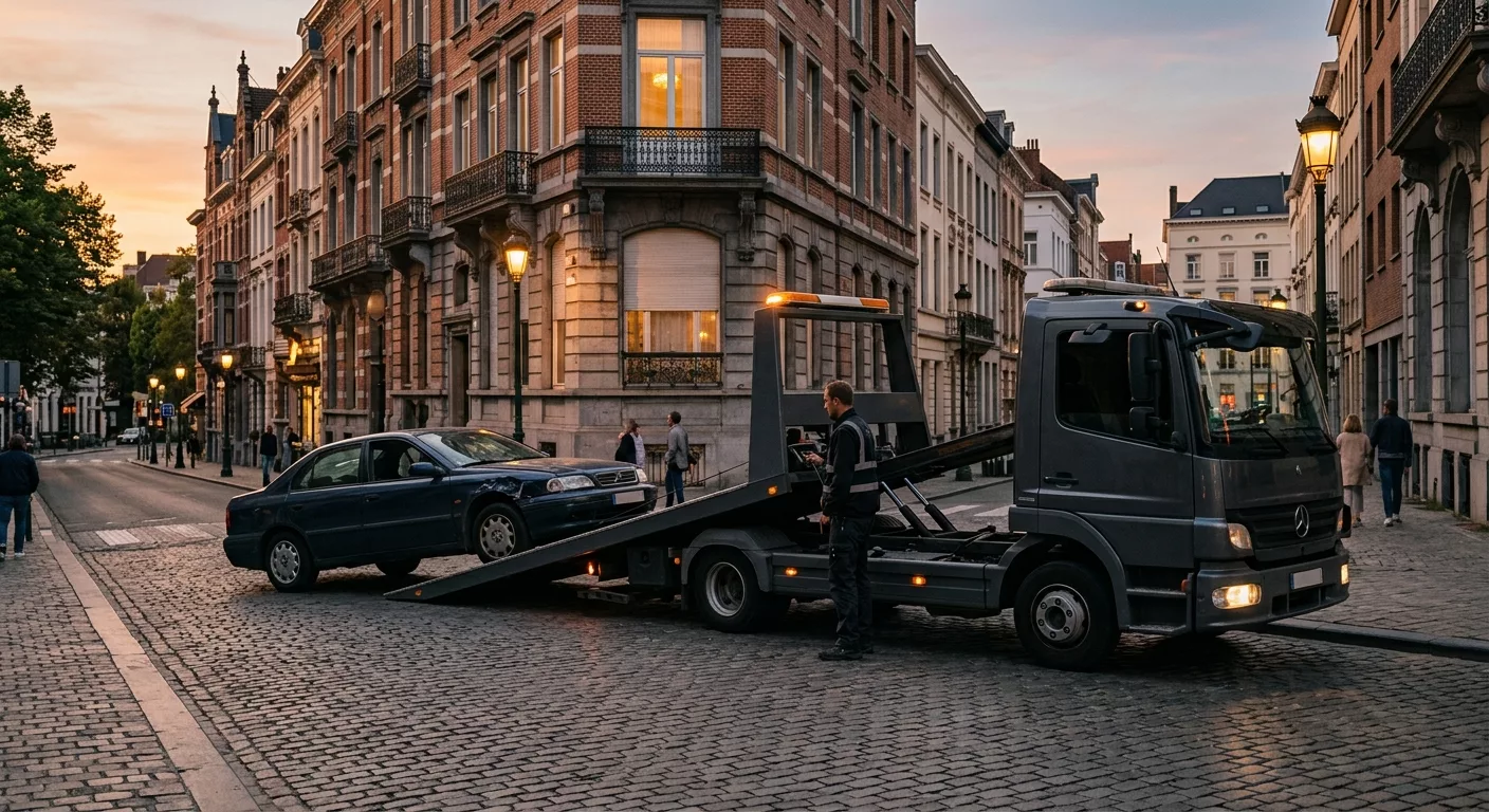 Dépannage voiture Berchem-Sainte-Agathe - camion remorque Mercedes chargeant une berline bleue au crépuscule
