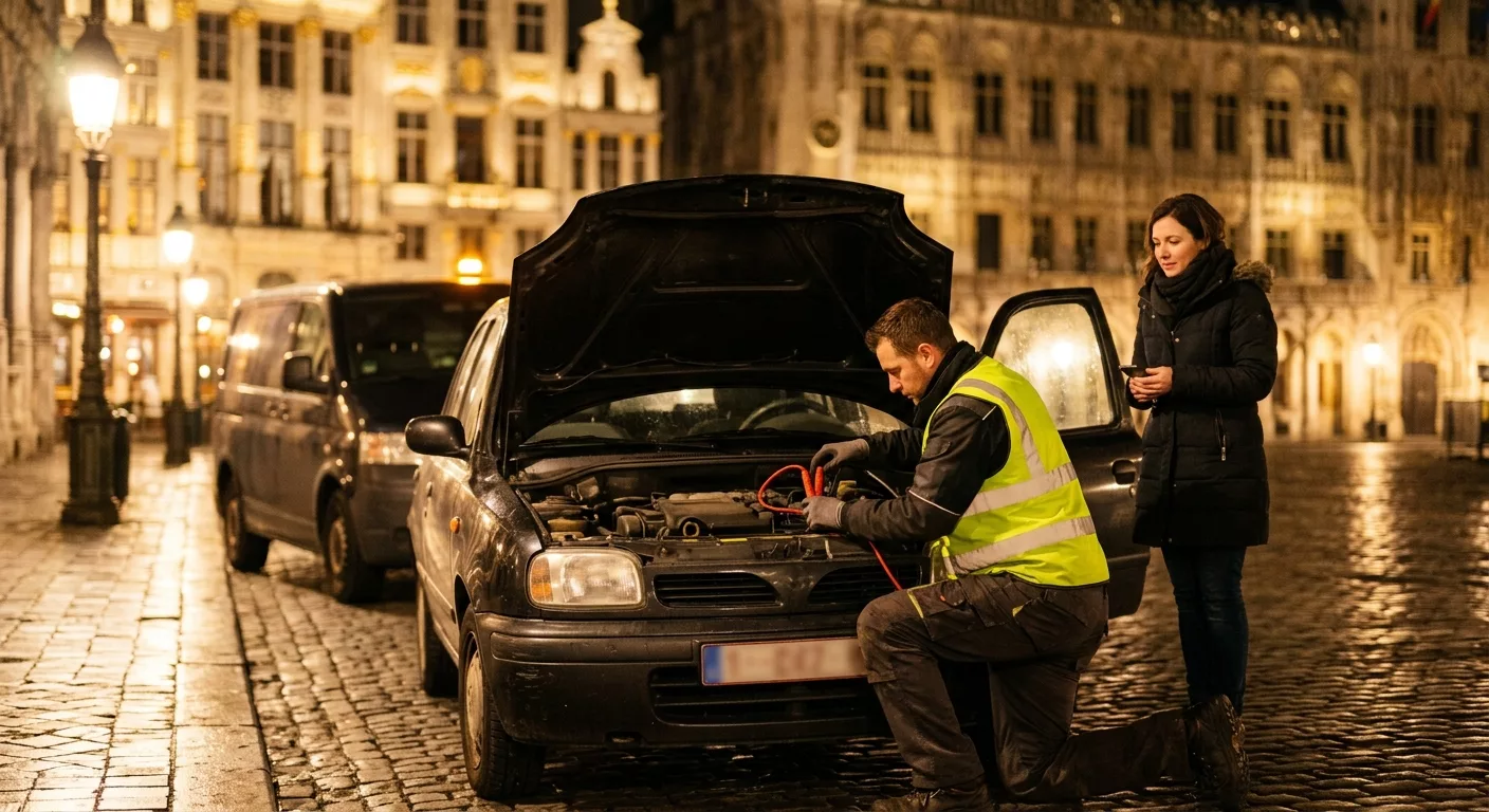 Dépannage Voiture Bruxelles Ville de nuit par technicien en gilet jaune avec câbles de démarrage