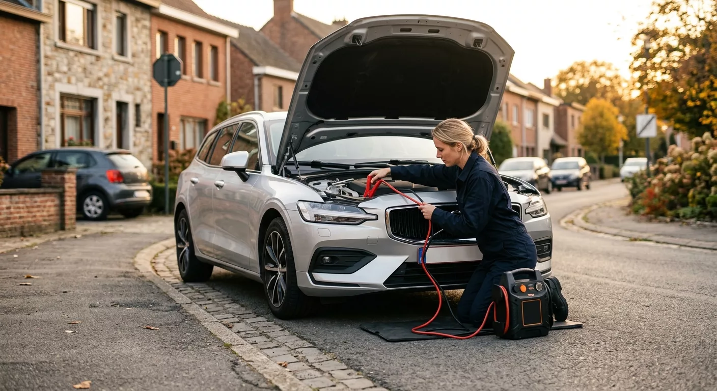 Dépannage Voiture Evere – technicienne raccordant des câbles de démarrage sur une Volvo