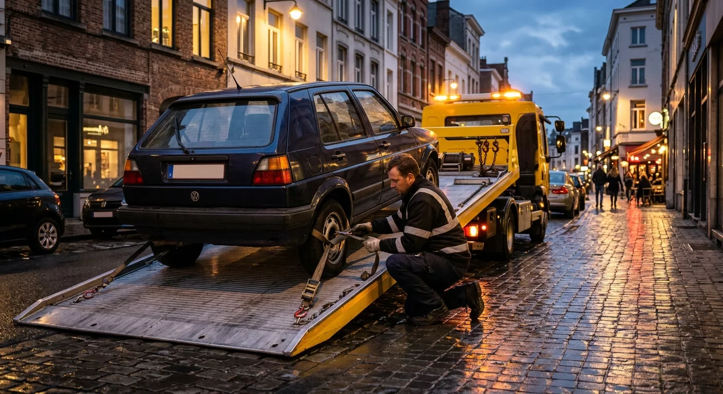 depannage-voiture-neder-over-heembeek-hfdi Dépannage voiture Neder-Over-Heembeek - Technicien fixant une VW Golf sur dépanneuse jaune de nuit