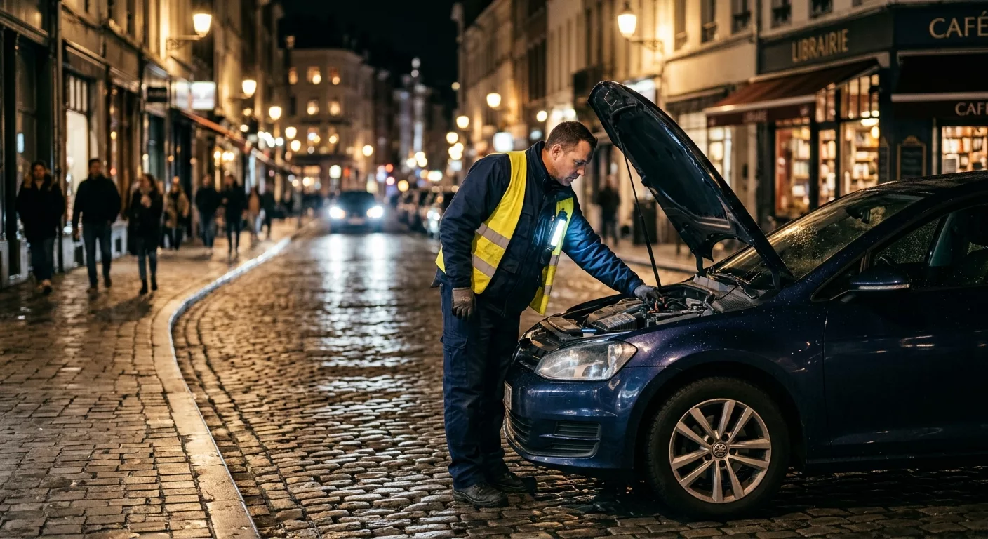 Dépannage Voiture Schaerbeek - technicien en gilet jaune répare moteur de nuit