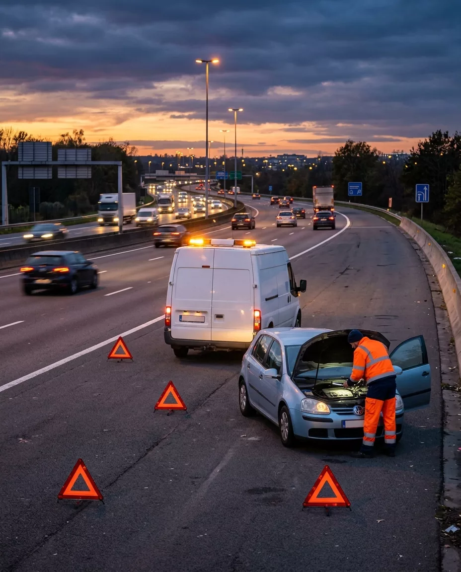 Dépannage voiture sur autoroute à Kraainem, technicien en gilet orange intervenant au crépuscule
