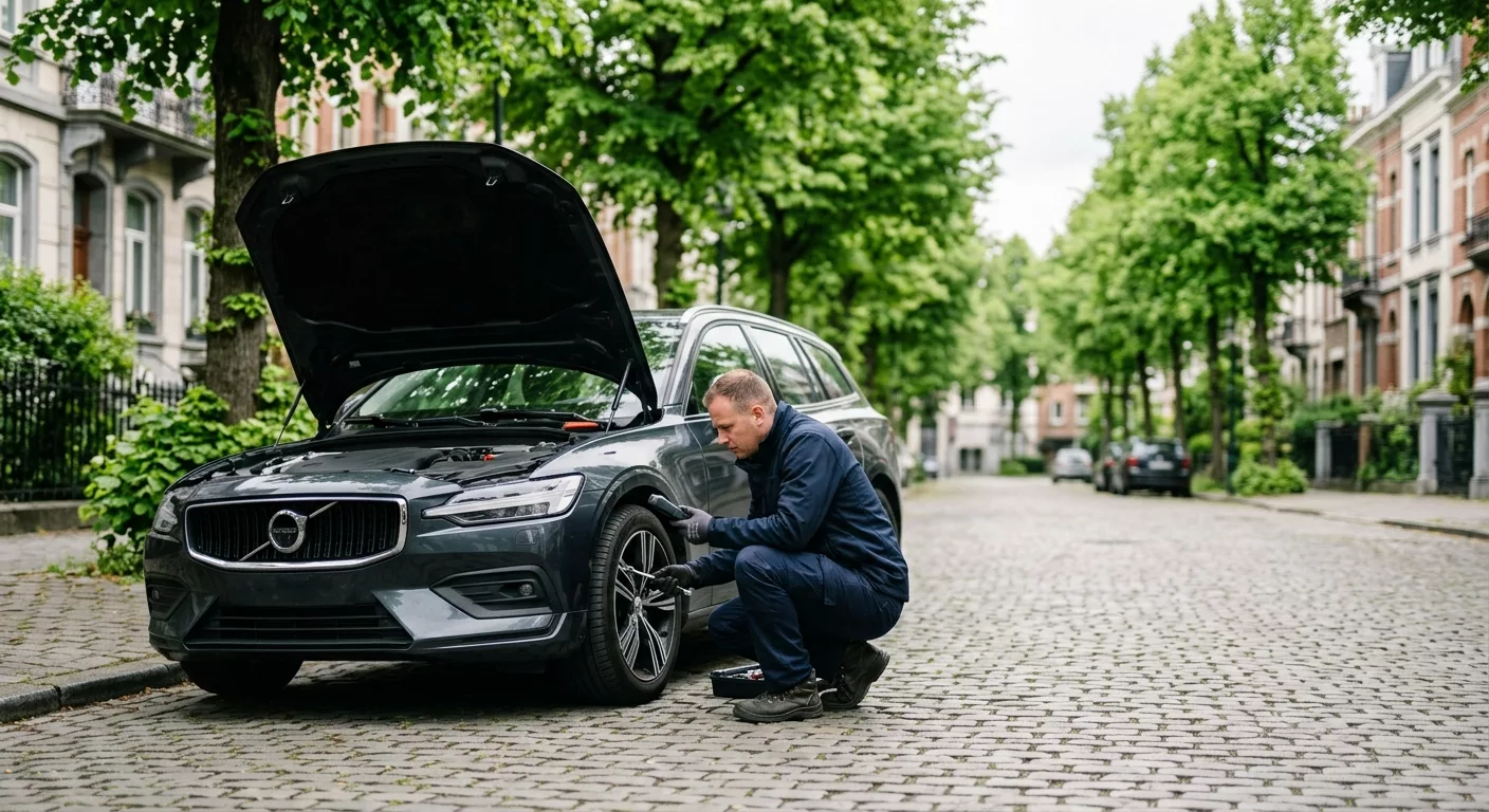 Dépannage Voiture Uccle – technicien en combinaison bleue réparant une Volvo grise capot ouvert