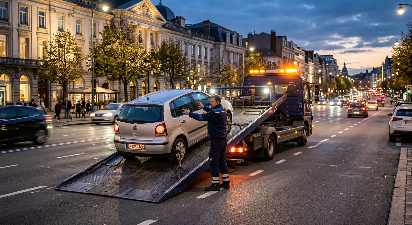 Dépannage voiture Woluwe-Saint-Lambert, camion remorquage VW Polo nuit en ville