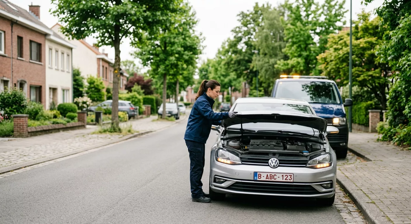 Dépannage Voiture Woluwe-Saint-Pierre - technicienne inspectant moteur VW Golf