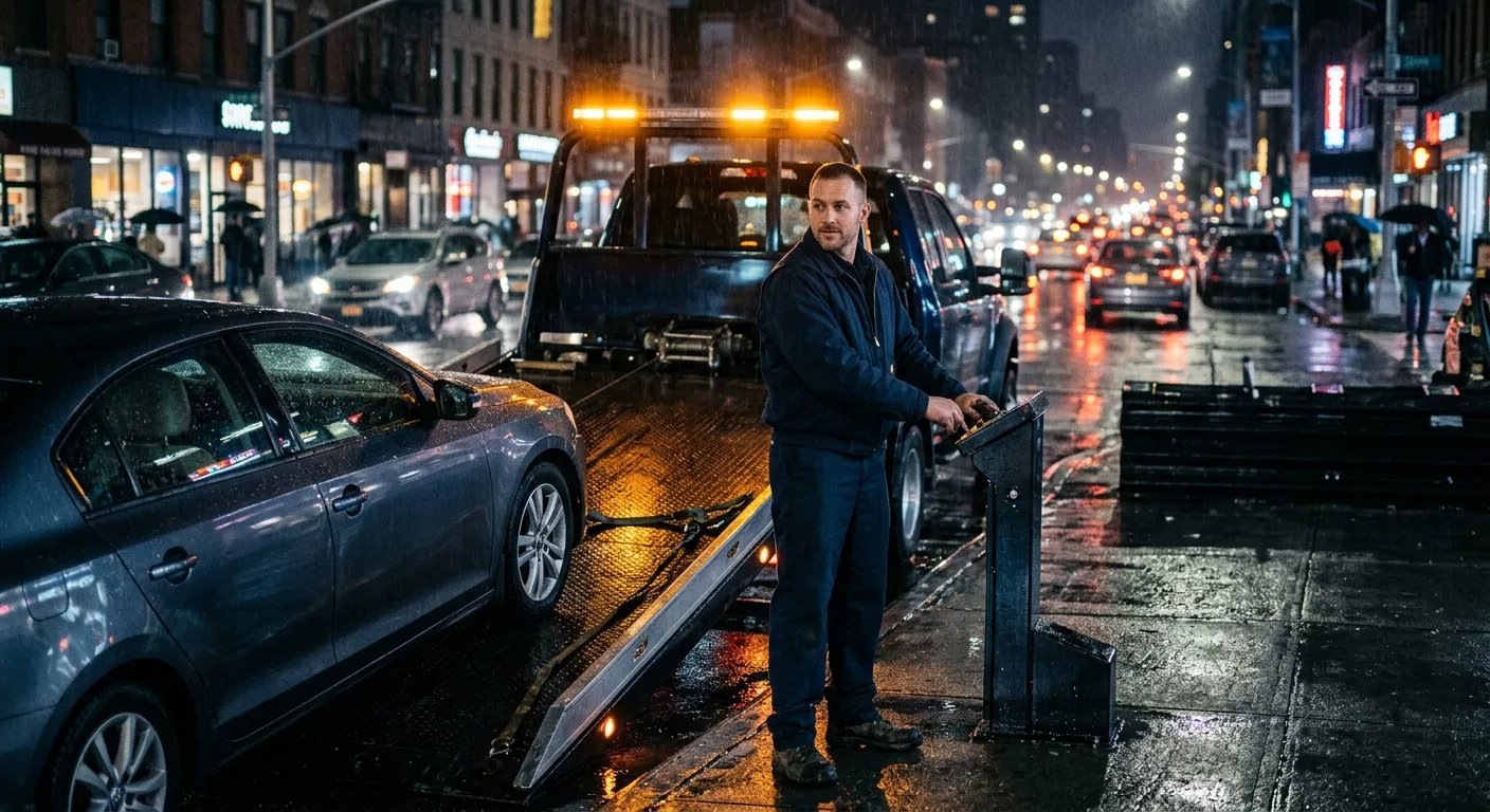 Dépanneur professionnel chargeant une voiture sur plateau de remorquage de nuit sous la pluie à Forest