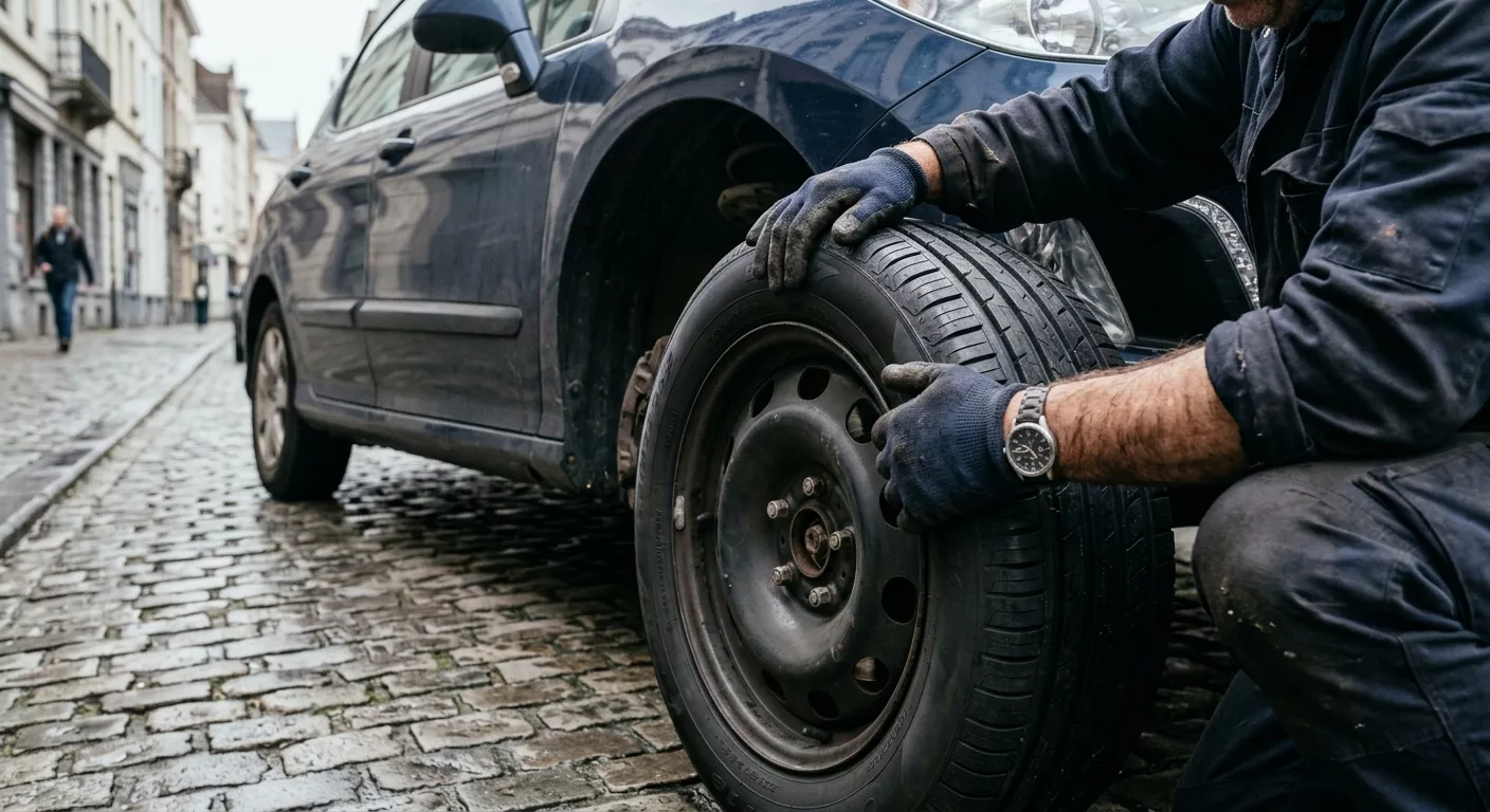 Mécanicien changeant un pneu de voiture sur pavés à Bruxelles Ville