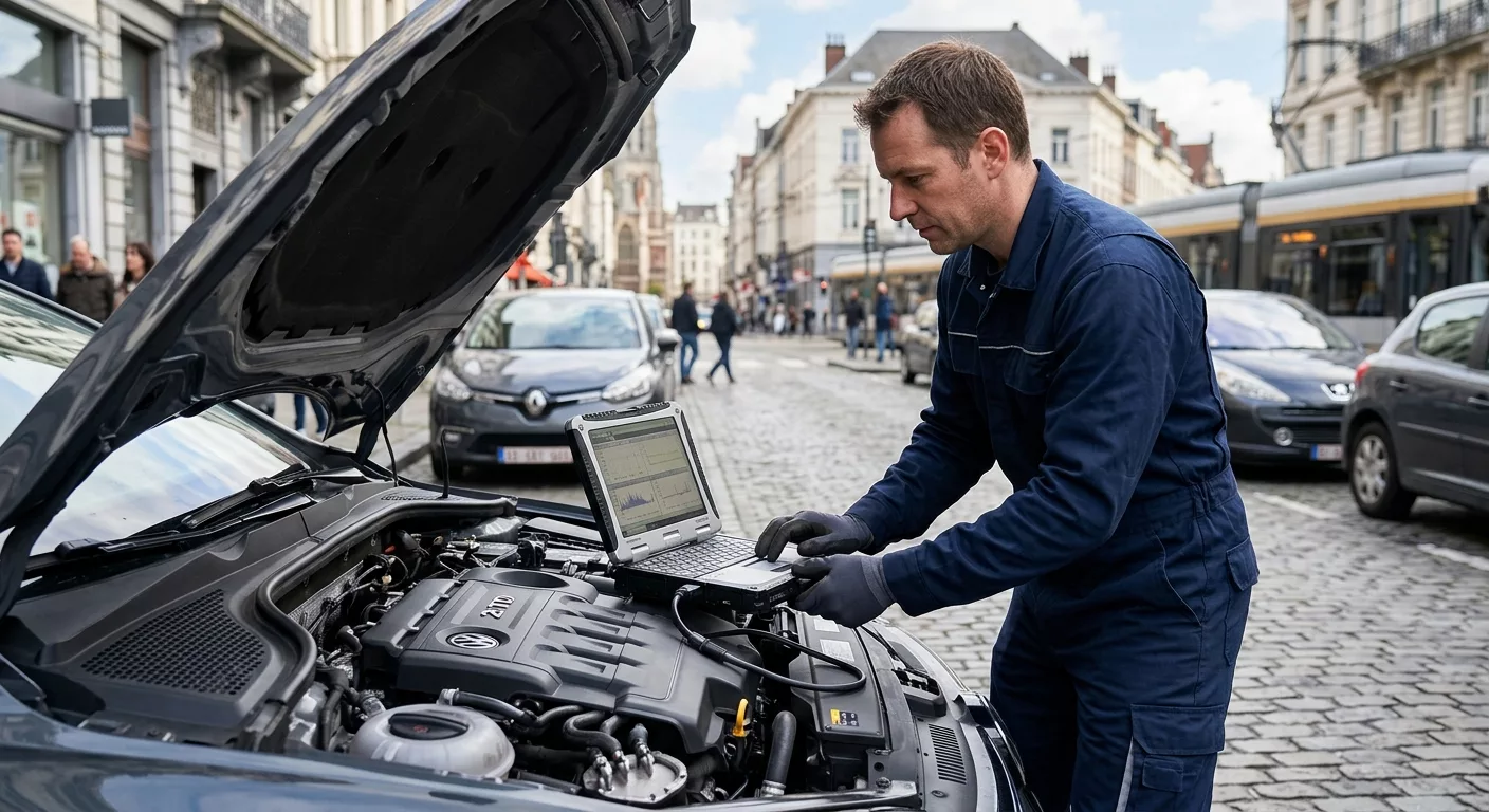Mécanicien en combinaison bleue diagnostique moteur VW avec laptop à Bruxelles