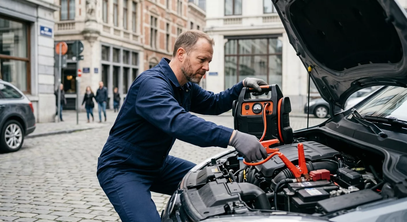 mecanicien-en-combinaison-bleue-utilisant-un-50zu Mécanicien en combinaison bleue utilisant un booster de démarrage sur batterie de voiture à Neder-Over-Heembeek