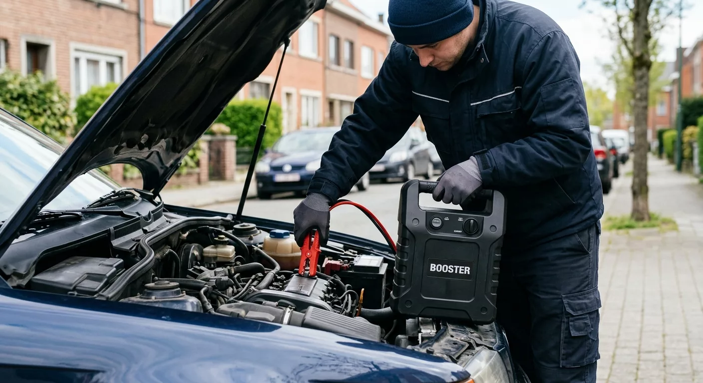 Technicien branchant un booster de démarrage sur batterie de voiture à Auderghem