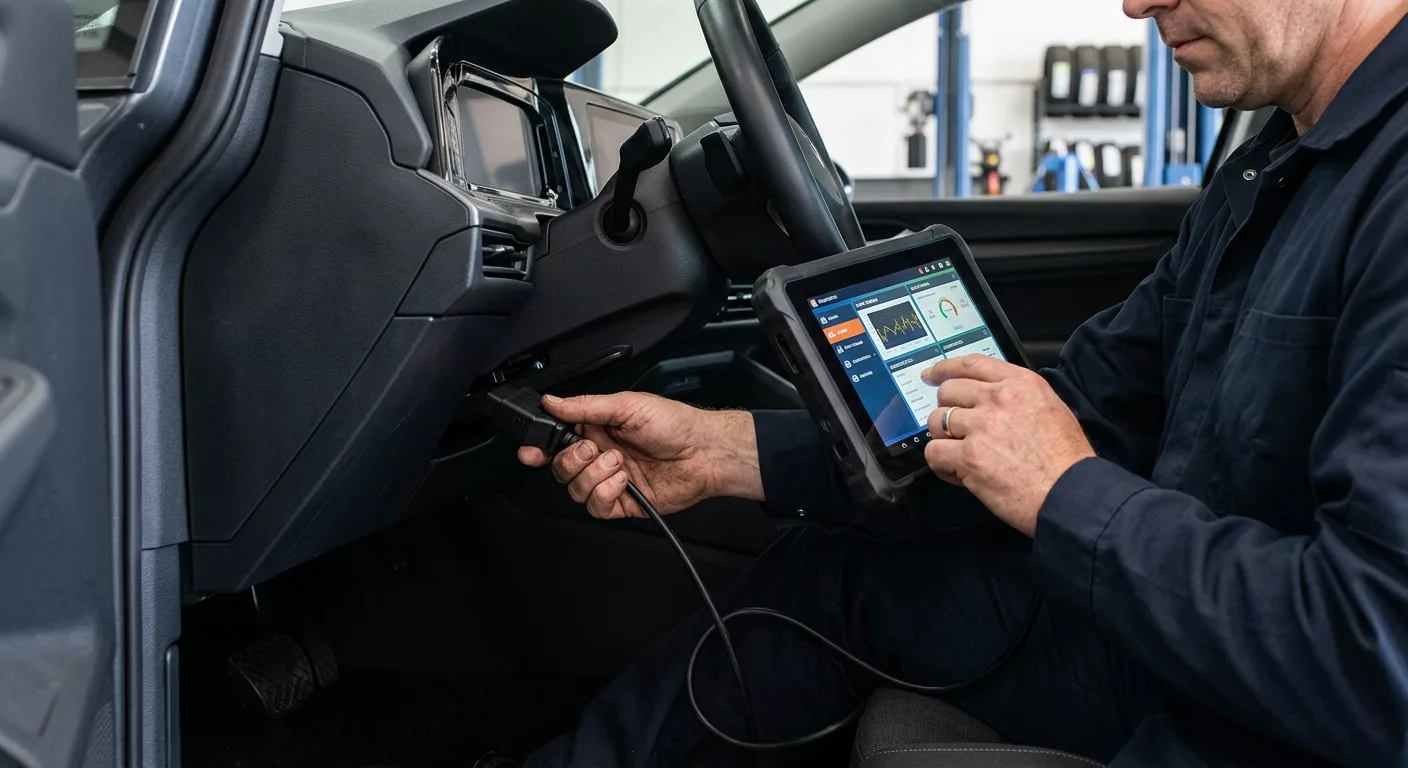Technicien branchant un outil de diagnostic OBD sur une voiture à Woluwe-Saint-Lambert