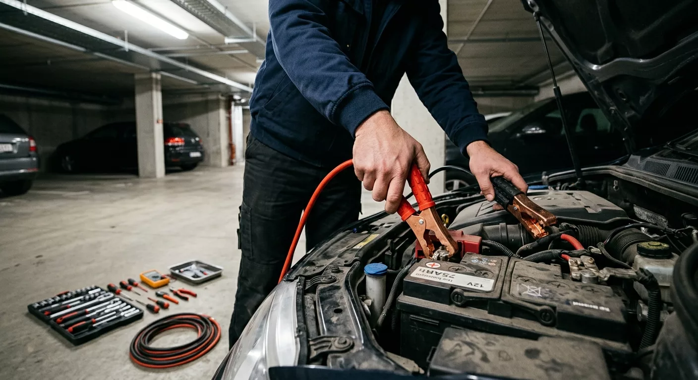 Technicien connectant des câbles de démarrage sur batterie de voiture à Woluwe-Saint-Pierre