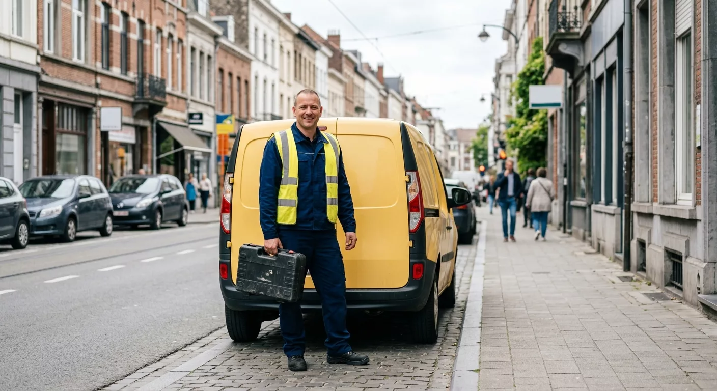 Technicien de dépannage automobile avec mallette devant son van jaune à Koekelberg