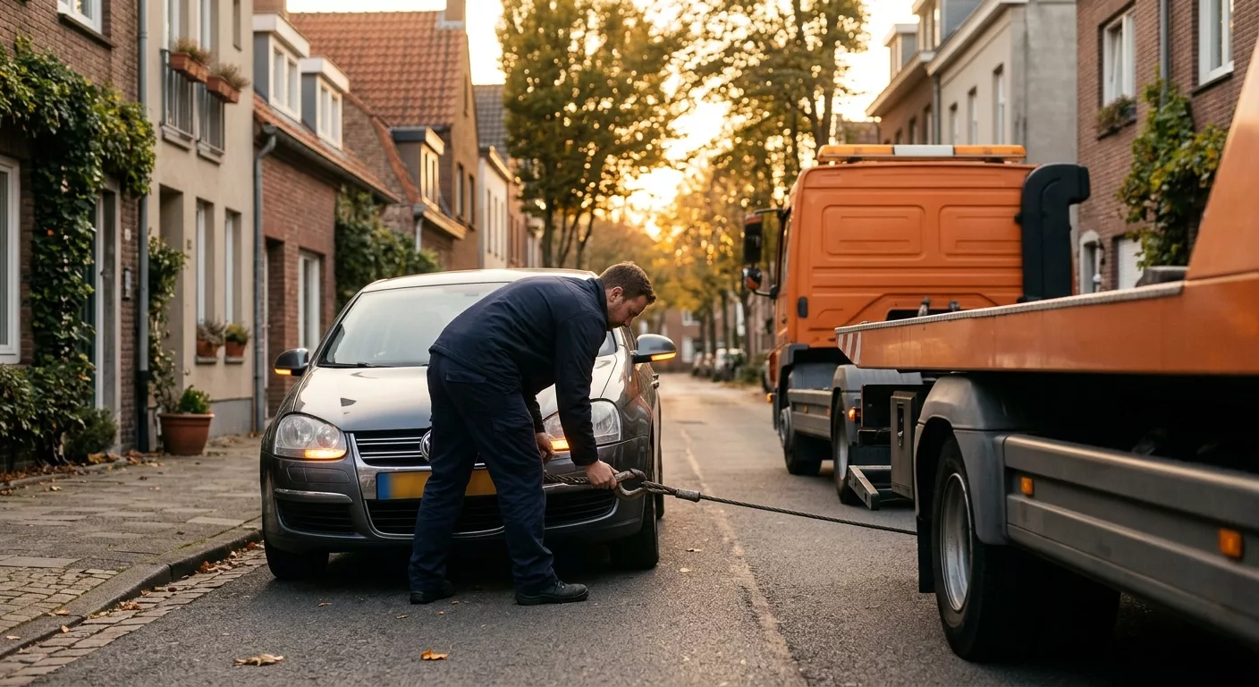 technicien-de-depannage-fixant-un-cable-de-fz1z Technicien de dépannage fixant un câble de remorquage sur une voiture à Etterbeek