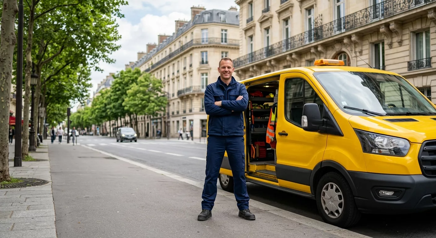 Technicien en combinaison bleue devant camionnette jaune de dépannage à Paris