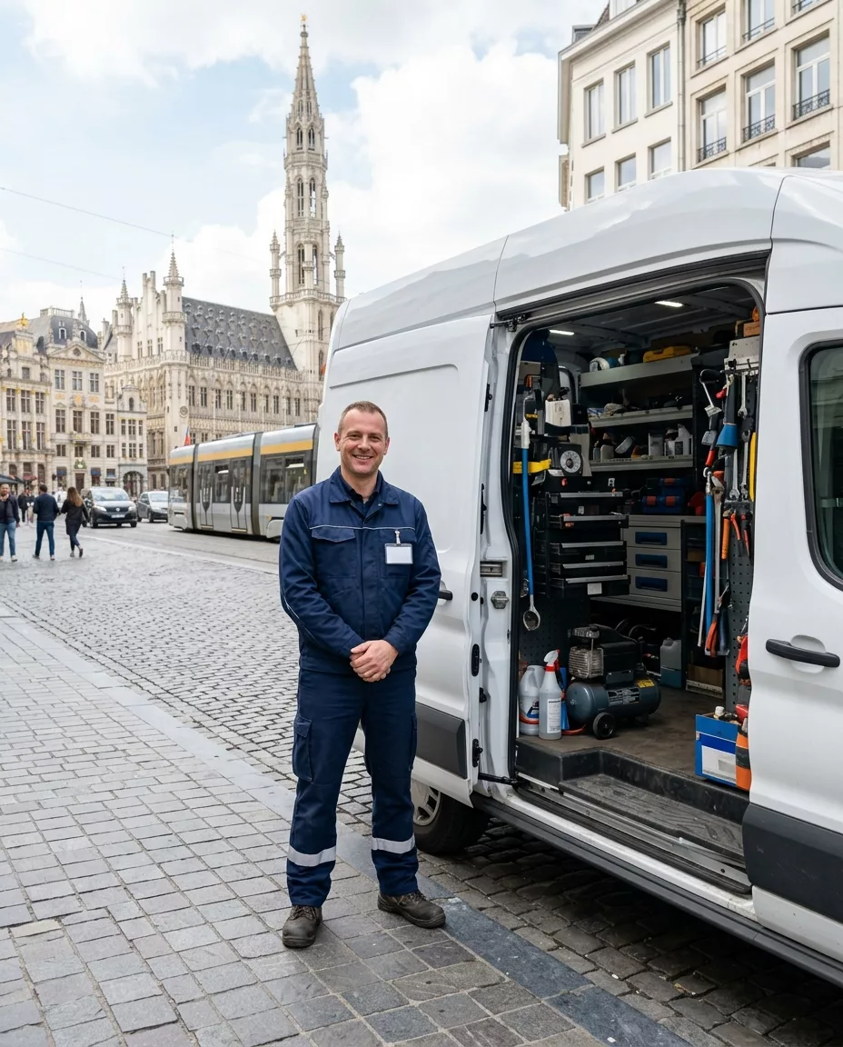 technicien-en-combinaison-bleue-devant-son-hf3y Technicien en combinaison bleue devant son van d