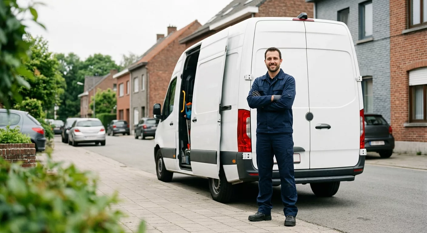 Technicien en combinaison bleue devant son camion blanc de dépannage à Zaventem